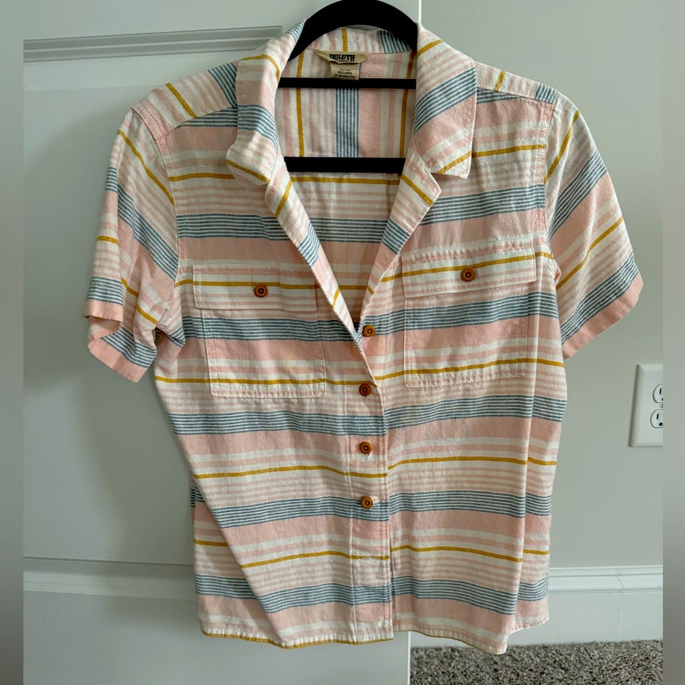 Duluth Trading Company Striped Blue, Pink, and Yellow Button Down
